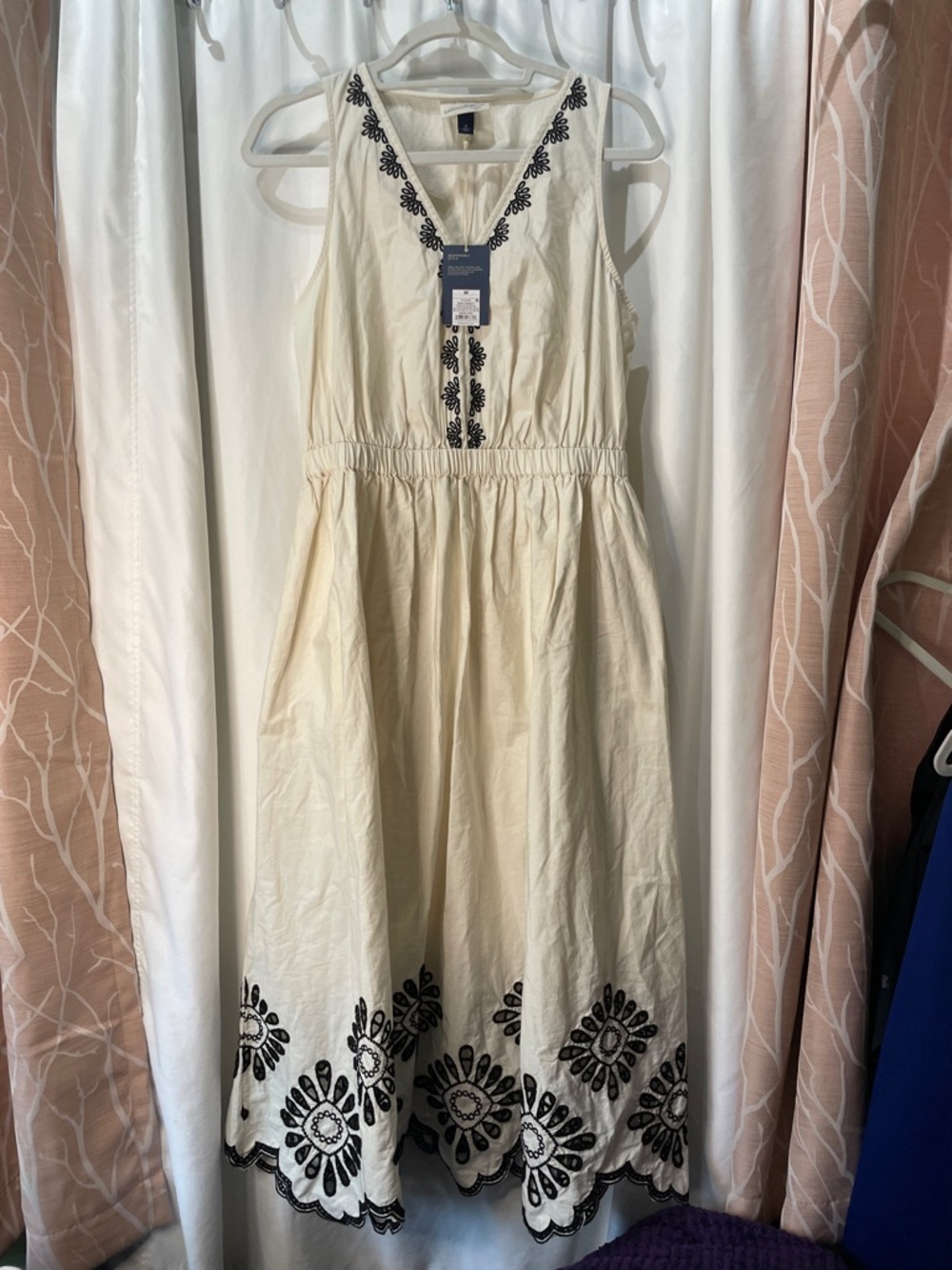 Universal Thread Cream Midi Dress with Black Floral Embroidery